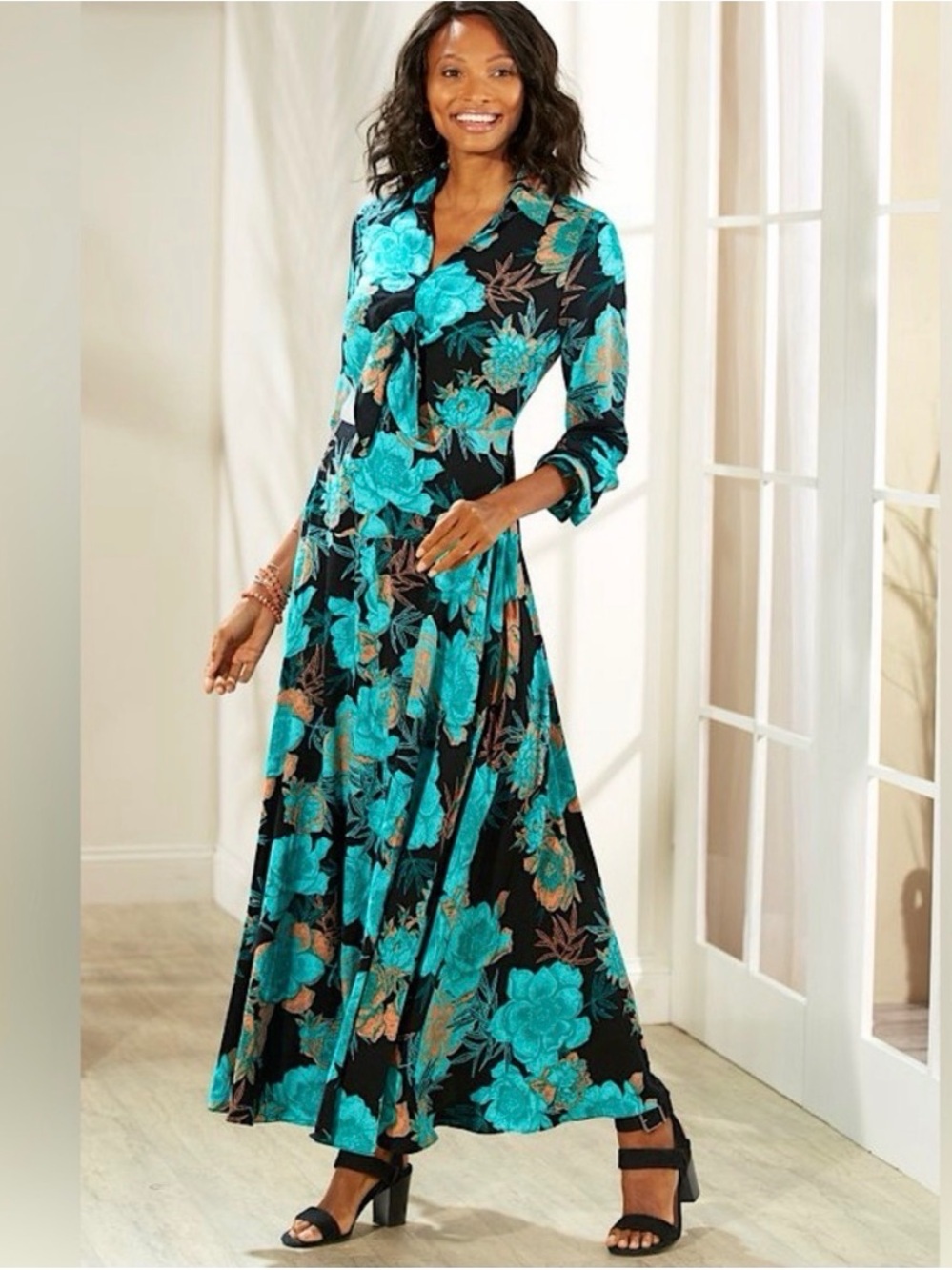 Soft Surroundings Rosalinda Collared Floral Maxi Dress Turquoise Medium